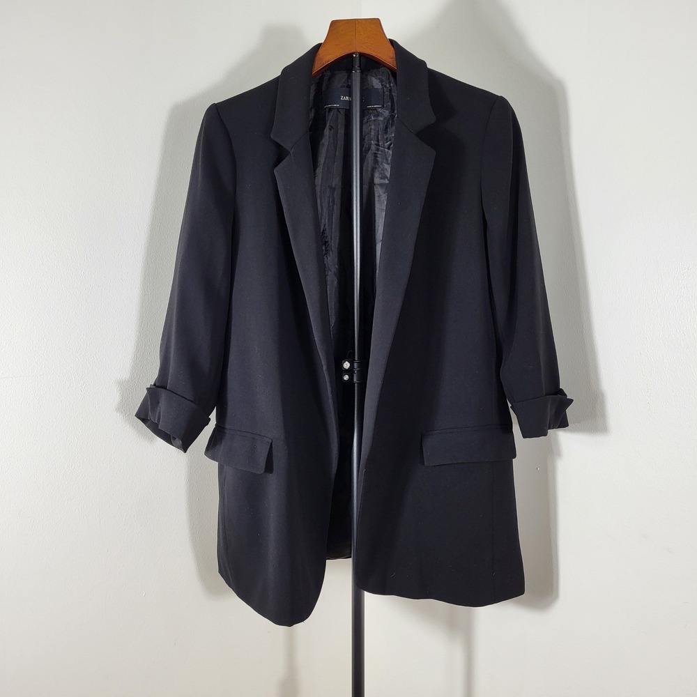 Zara Basic Womens Black Open Front Blazer Cuffed Sleeve Jacket Size S